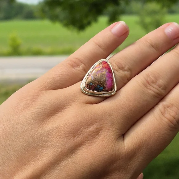 925 Silver Pink Cotton Candy Cooper Turqouis Artisanal Handmade Ring - Picture 7 of 11